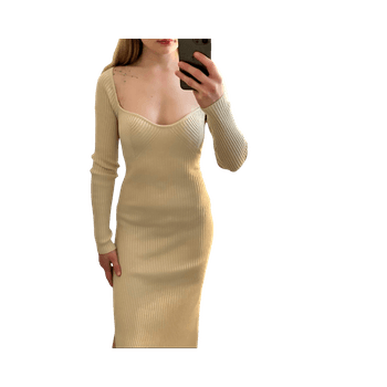 Beige rib knit long-sleeve dress
