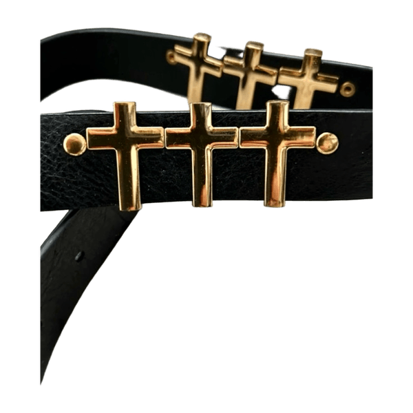 Black leather belt with gold accents