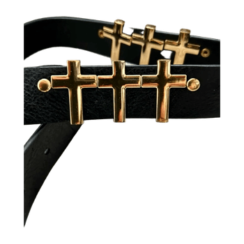 Black leather belt with gold accents
