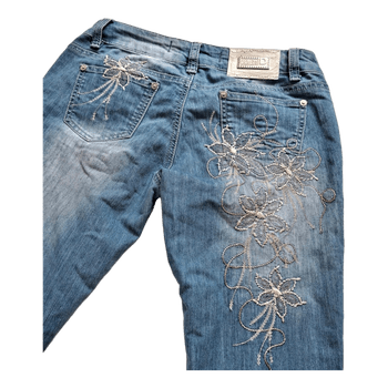 Blue floral embroidered jeans