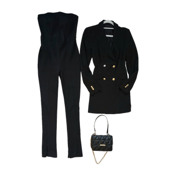 Musta jumpsuit ja bleiseri