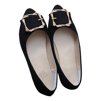 Black pointed buckle flats