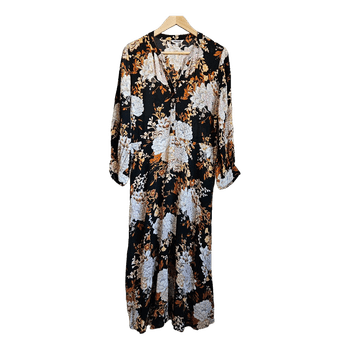 INDISKA floral midi dress M boho viscose flowy pockets feminine casual chic black