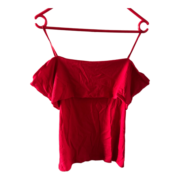 Red ribbed off-shoulder top
