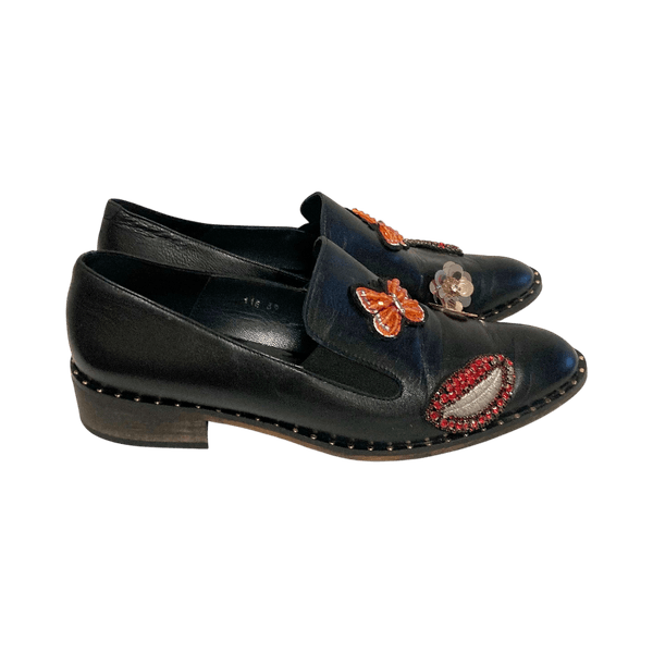 Laura Amat Leather Loafers 39 Embellished Butterflies Lips Flowers Spain Black