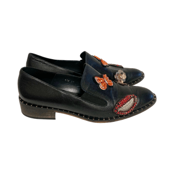 Laura Amat Leather Loafers 39 Embellished Butterflies Lips Flowers Spain Black
