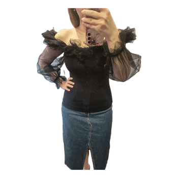 Black ruffled tulle blouse