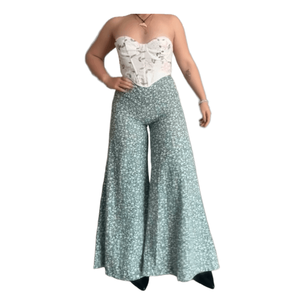 Green floral wide-leg trousers