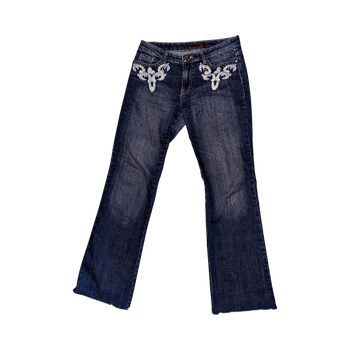 Embellished blue denim flared jeans