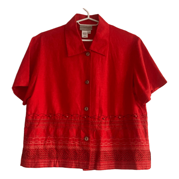 Coldwater Creek Red Linen Blend Embroidered Shirt Beaded Boho Top XS S Size 4