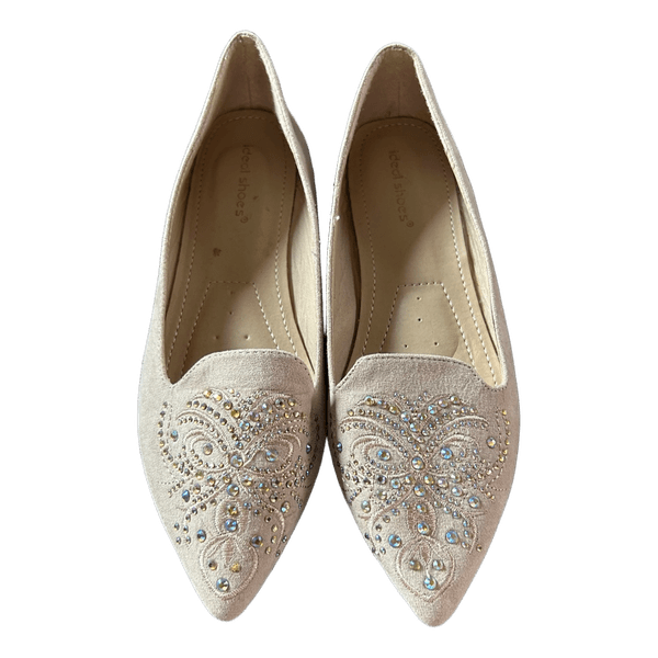Beige rhinestone loafers