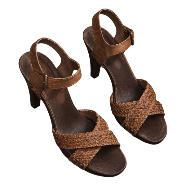 Brown woven heeled sandals