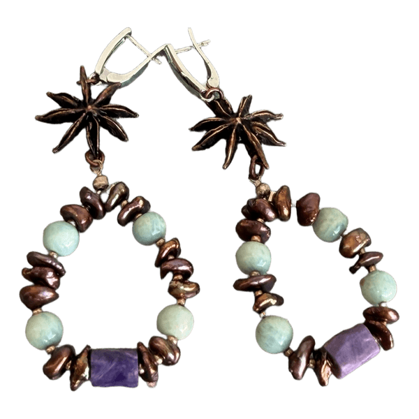 Natural Charoite Amazonite Pearl Boho Statement Earrings