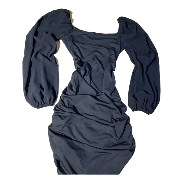 Black ruched puff sleeve dress