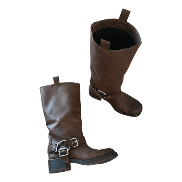 Brown buckled biker boots