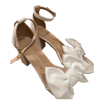 White bow block heels