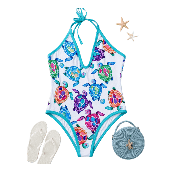 White swimsuit with turtles