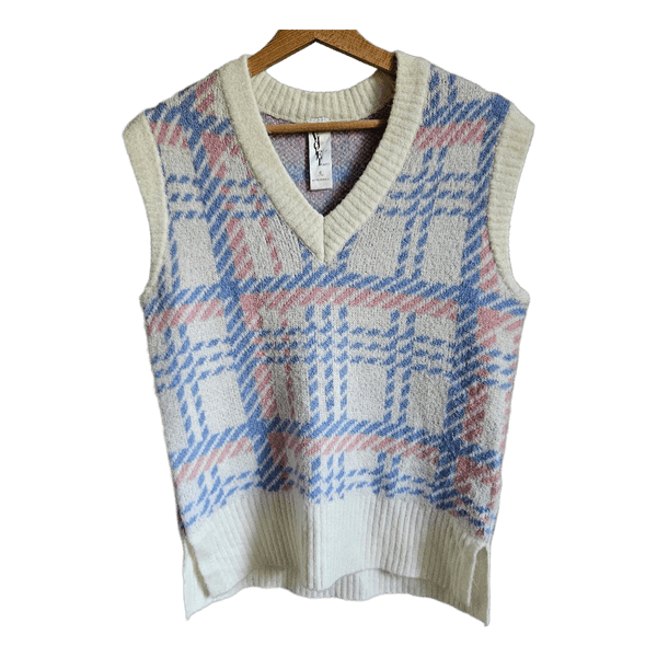 VIOLET ROMANCE Plaid Sweater Vest Cream Blue Pink UK 6 EU 34 Preppy Y2K Knit