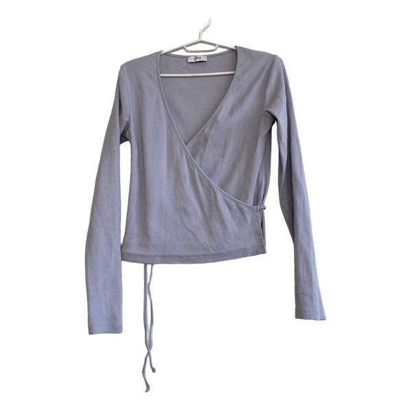 Envii Wrap Top Ribbed Organic Cotton Blue Long Sleeve V Neck Tie Waist Size M