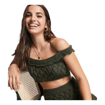 Y2K Boho Ibiza Khaki Crochet Crop Top Off Shoulder Miss Selfridge ASOS EU38 NWT