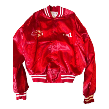 Red satin varsity jacket