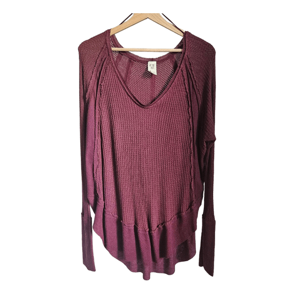 We The Free by Free People Burgundy Waffle Knit Thermal Top Size S Boho Oversized