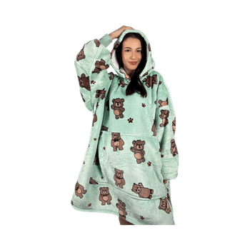 Mint bear print hoodie blanket