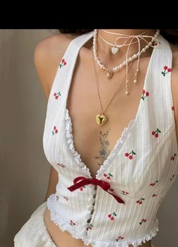 White cherry print halter