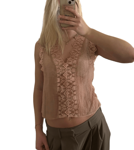 Rosa ærmeløs top med blonder