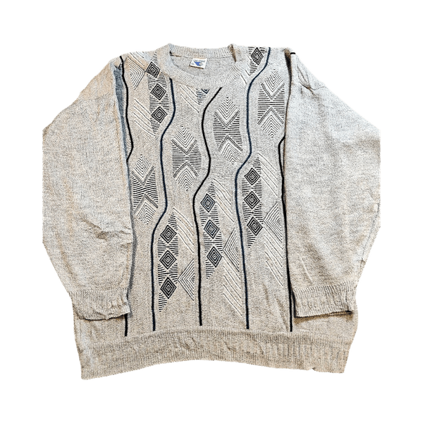 Vintage 90s Geometric Knit Sweater - Retro Abrstract Pattern - Grey - XL