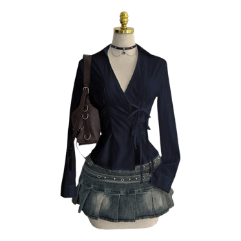 Navy wrap blouse mandarin