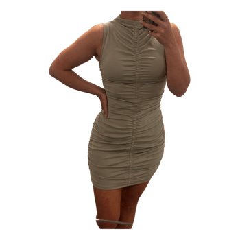 Beige ruched mini dress