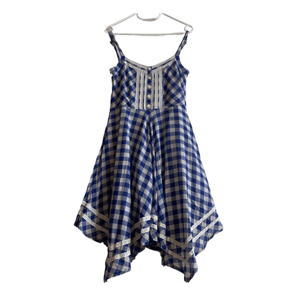 Eucalyptus Blue White Gingham Cottagecore Dress 38 M Cotton Lace Asymmetric Hem