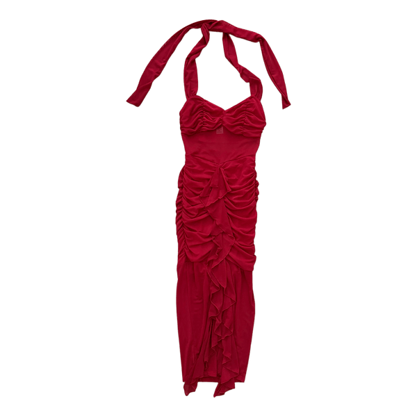 Red halter neck dress