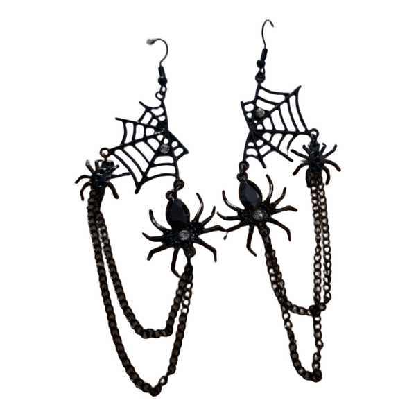Black spider web drop earrings