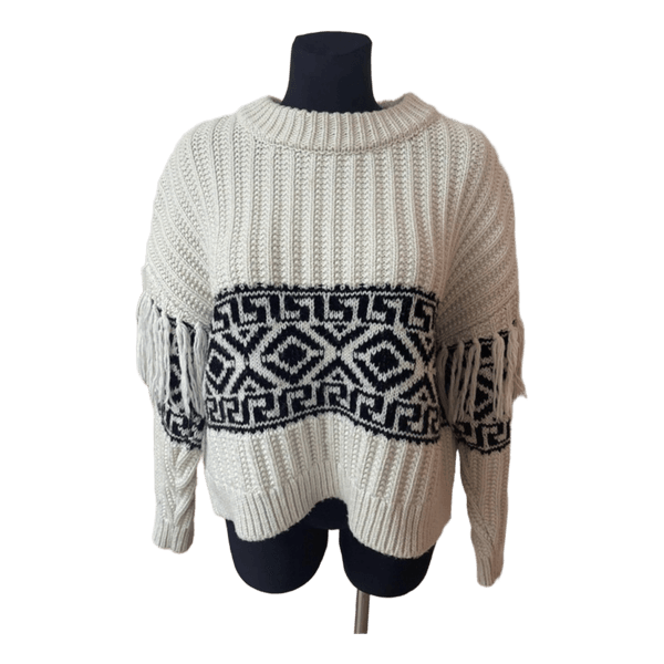 Patterned knit sweater with fringe