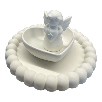 Decorative tray, hard shaped vessel and angel statue