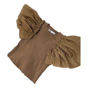 Brown ribbed puff sleeve top