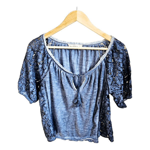 Abercrombie & Fitch Blue Lace Boho Peasant Top Size S Crochet Festival Y2K