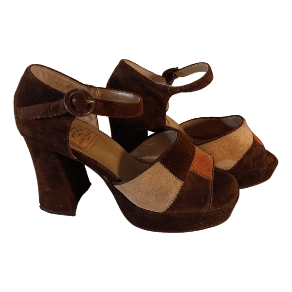 Vintage patchwork ruskeat mokkaiset korkosandaalit