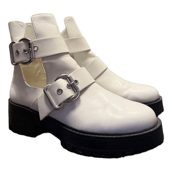 White buckle ankle boots