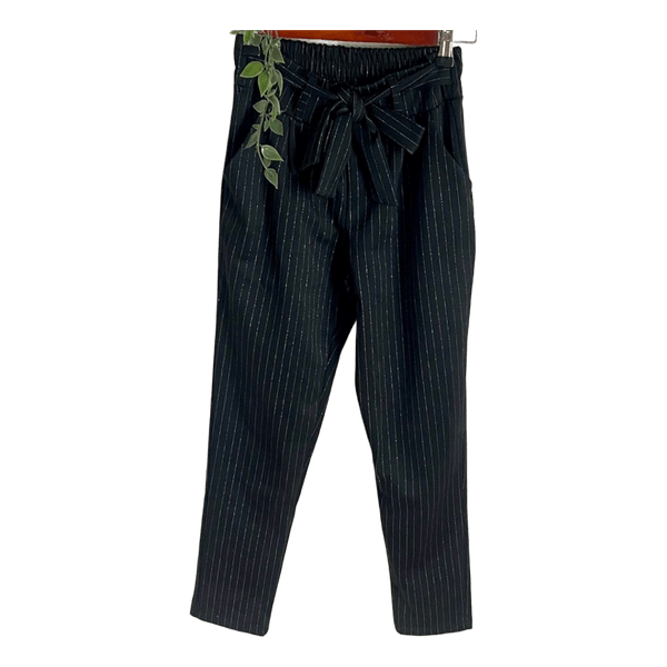 Black pinstripe tie-waist trousers