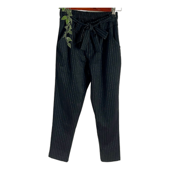 Black pinstripe tie-waist trousers