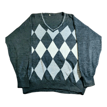 Argyle-neule V-aukolla - Vintage Grandpa Sweater - Harmaa - XL