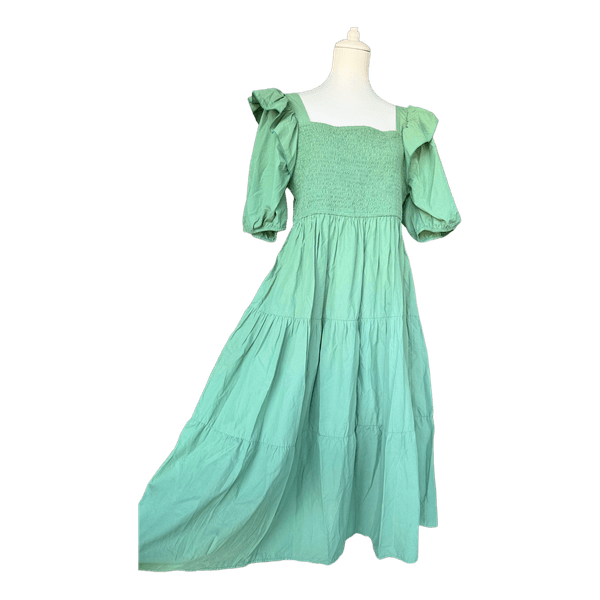 Green tiered midi dress