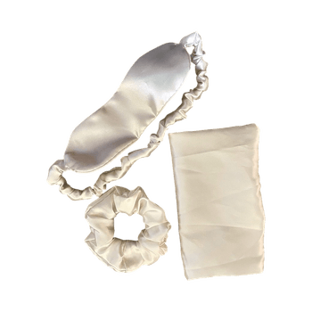 valkoinen ”silkkinen” uninaamio ja scrunchie