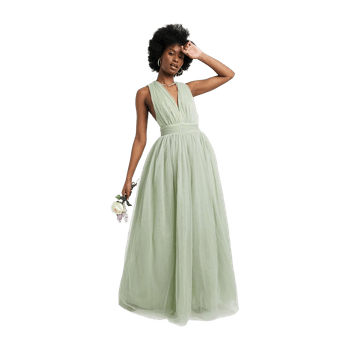Sage tulle plunge maxi dress