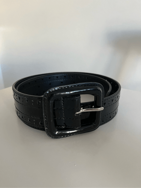 Black patent belt with heart cutouts