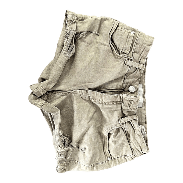 Beige distressed denim shorts