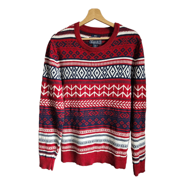 American Rag CIE Fair Isle Nordic Cotton Sweater Red Navy Size S Christmas